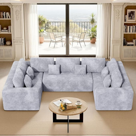 Luxanimarion 136'' Large Sectional Cloud Couches with Chaise, U Shaped Boneless Loveseat Sofa, No Assembly Required Deep Seat Modular Lounge for Living Room 3PCS Set, Bedroom(Light Grey)