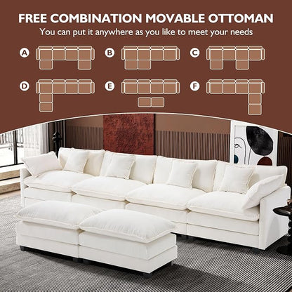 Ihanherry 146" U-Shaped Modern Sofa Modular Sectional Cloud Couch with 2 Ottoman, 6-Seat Chenille Deep Seat Sofa with 6 Pillows for Living Room, Bedroom and Apartment, Beige