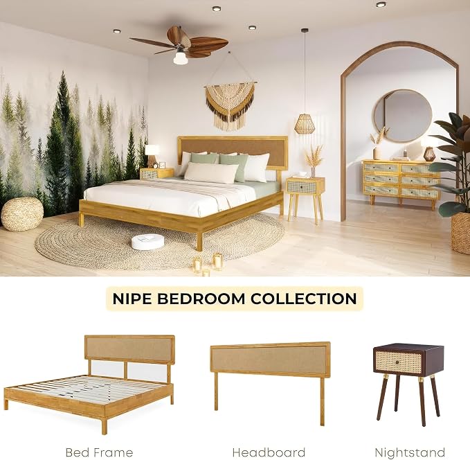 Bme Nipe 14 Inch Bohemian Bed Frame with Adjustable Woven Headboard - Rustic & Vintage Unique Style with Acacia Wood - No Box Spring Needed - Easy Assembly - Full, Natural