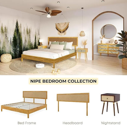 Bme Nipe 14 Inch Bohemian Bed Frame with Adjustable Woven Headboard - Rustic & Vintage Unique Style with Acacia Wood - No Box Spring Needed - Easy Assembly - Full, Natural