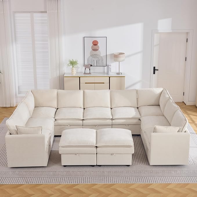 130" Beige Oversized Modular Storage Sofa, U Shaped Chenille Cloud Couch | Oversized Convertible Sectional Sofa, 9-Seat Sectional Couch With 2 Ottomans, Large Cloud Couch For Living Room, Apartment.