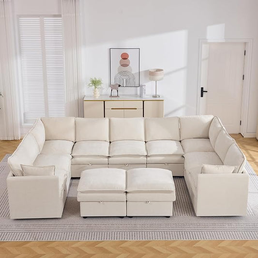 130" Beige Oversized Modular Storage Sofa, U Shaped Chenille Cloud Couch | Oversized Convertible Sectional Sofa, 9-Seat Sectional Couch With 2 Ottomans, Large Cloud Couch For Living Room, Apartment.