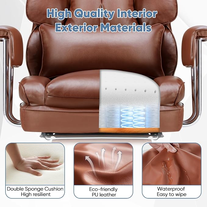 DUMOS Home Office Desk Executive Chair - Ergonomic Big Tall High Back with Footrest & Lumbar Support, Reclining Height Adjustable, Comfy PU Leather Computer Gaming with Swivel Wheels, Brown