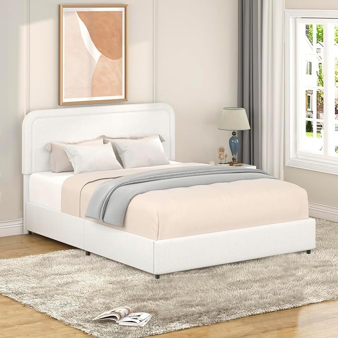 Ball & Cast Queen Size Bed Frame,Boucle Upholstered Platform Bed with Patented 4 Drawers Storage & Curved Stitched Headboard,Wooden Slats Support,No Box Spring Needed,Easy Assembly,Ivory