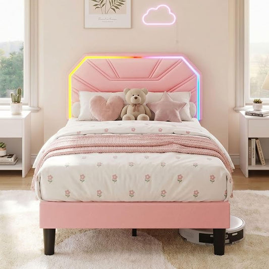 LIKIMIO Twin Bed Frames with LED Light Headboard, Upholstered Modern Cama Twin Platform Bed Frame with Heavy Duty Supports, No Box Spring Need, Noise Free, Easy Assembly, Princess Pink