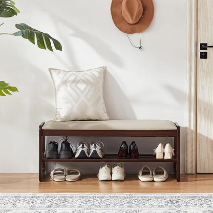 Achicsofar Shoe Rack Bench,2 Tier Solid Wooden Entryway Bench with Shoe Storage, Shoe Rack with Cushion for Living Room, Hallway(Pu Beige, 39.4")