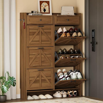 BORNOON Shoe Cabinet for Entryway, Farmhouse Shoe Storage Cabinet with 6 Flip Drawers and 2 Top Drawers, Tall Narrow Shoe Organizer Cabinet with Adjustable Shelves, Side Hooks and Anti-Tip Kit