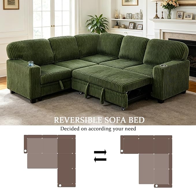 Sectional Sleeper Sofa with Pull Out Bed, Plush Corduroy L-Shaped Couch with Storage, USB Ports, Cup Holders, Comfy Sectional Couches for Living Room, Apartment, Green