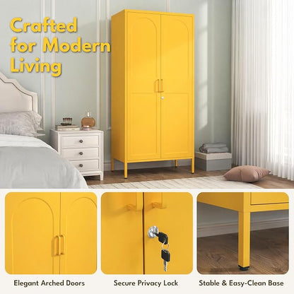 Lockable Metal Wardrobe Closet with Doors, 67" Coat Closet,Metal Storage Cabinet Locker with Removable Hanging Rod And Adjustable Shelves for Home Bedroom Office Yellow Size：67" H X 31.5" W X 18.1" D