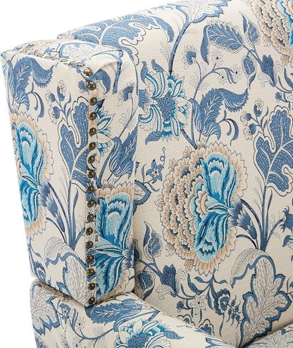High Back Floral Accent Chair, Fabric Upholstered Armchair Wingback Arm Chair for Living Room, Nailhead Trim Single Sofa Bedroom Side Reading Seat with Retro Solid Wood Legs - Boho Blue