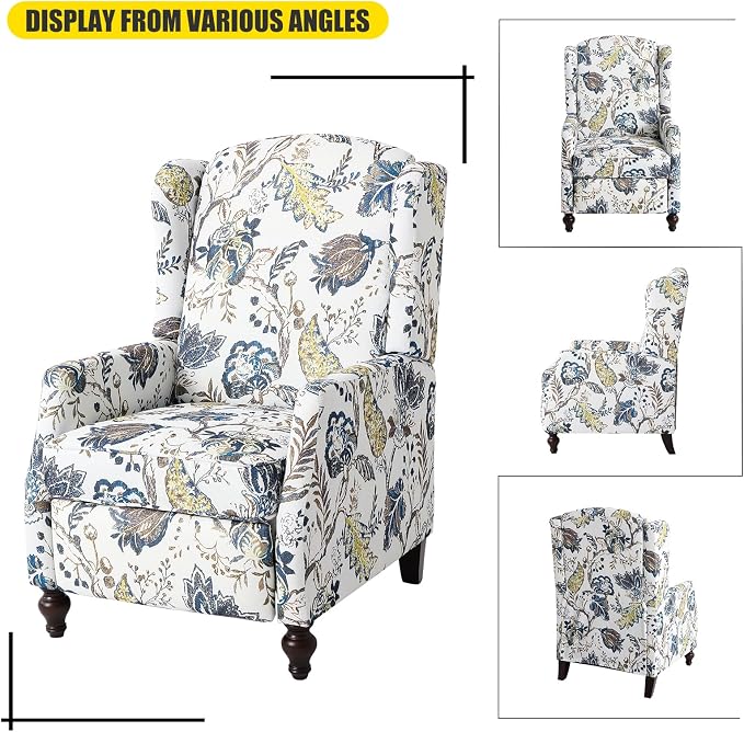 Upholstered Wingback Recliner Chair - Traditional Push Back Recliner Chair with Padded Seat, Fabric Floral Recliner Chair, Wingback Chair Small Recliners for Small Spaces
