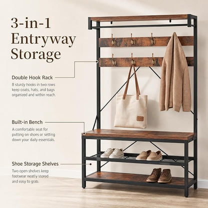 Hall Tree with Bench and Shoe Storage, Entryway Bench with Coat Rack, 3-in-1 Mudroom Organizer with 8 Hooks, Freestanding Industrial Storage Rack for Hallway, Rustic Brown