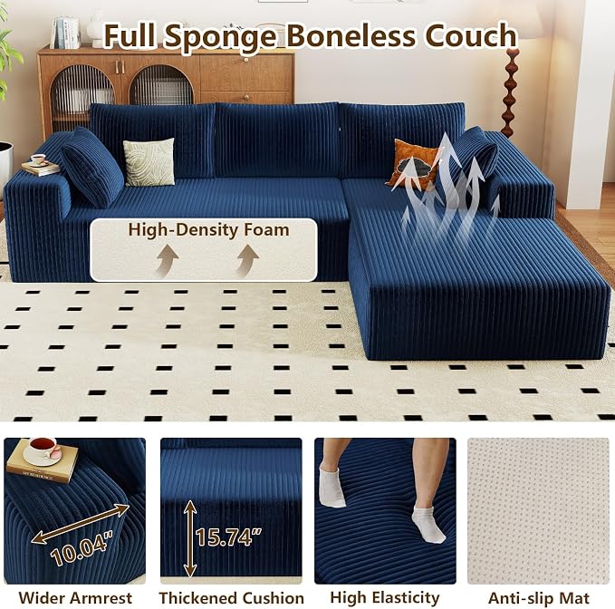 96" Modular Sectional Couch, Boneless L Shaped Cloud Sofa with Chaise Lounge, Corduroy Upholstered Couches Memory Foam Deep Seat, No Assembly Required, Ideal for Living Room(Blue, Right Facing)