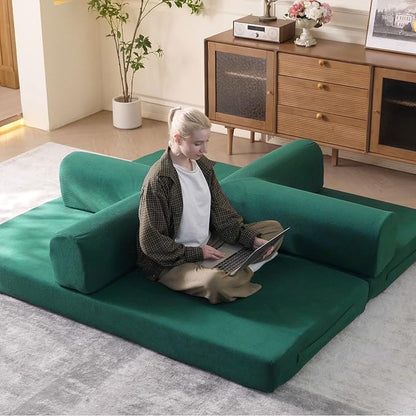 WHGBJA 79" Convertible Sleeper Sofa Bed with Cylindrical Pillow, Corduroy Folding Mattress Couch with Fixed-Shape Frame, Floor Sofa Lounge Couch for Living Room Bedroom Lounge Studio (Green)