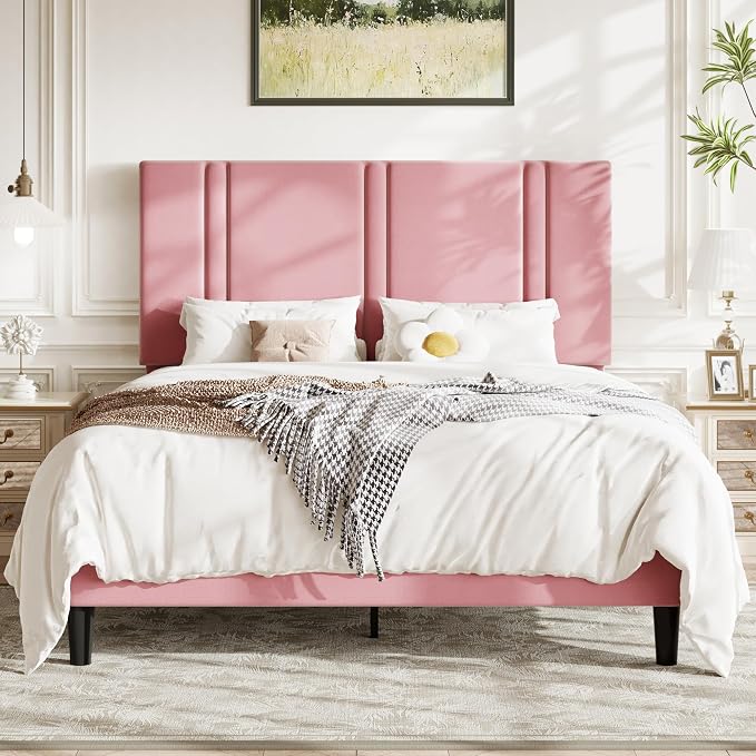 Allewie Full Size Platform Bed Frame with Adjustable Headboard, Plush Velvet Upholstered, Vertical Channel Tufted, Sturdy Wooden Slats, No Box Spring Needed, Easy Assembly, Pink