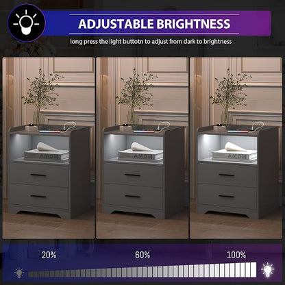 dnbss Grey Night Stand with Wireless Charging Station, Nightstand with 2 Drawers, Smart Bedside Table with 24-Color RGB Lighting, Modern LED Lighted Nightstand for Bedroom