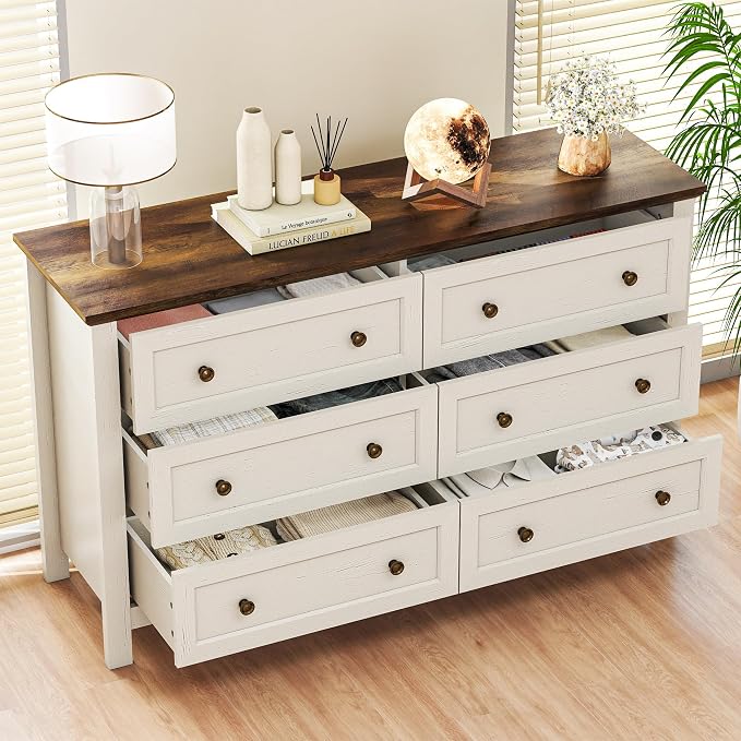 Farmhouse Dresser Nightstand Sets, 2-Piece Bedroom Furniture Set for Home | 6 Drawer Dresser Closet set of 2, Chest of Drawers for Bedroom, Living Room, Entryway, Antique White