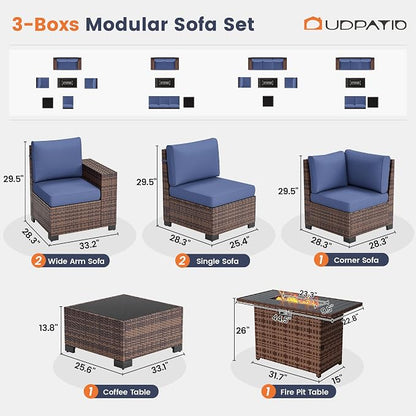 UDPATIO Patio Furniture Set with Fire Pit Table, 8 Inch Armrest 7 Piece Outdoor Sectional Sofas, All-Weather Wicker Conversation for Garden, Backyard, Brown/Navy Blue