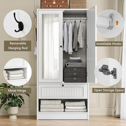 iPormis Wood Armoire Wardrobe Closet with Mirror Door and Drawer, 2 Doors Bedroom Storage Cabinet for Hanging Clothes, White