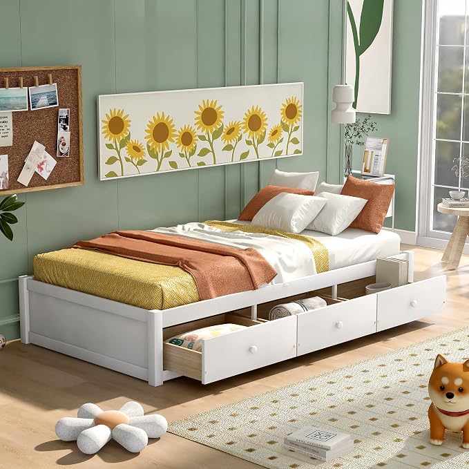 Merax Wood Captain's Platform Storage Bed with 3 Drawers,Classic Bed Frame No Box Spring Needed Twin, White
