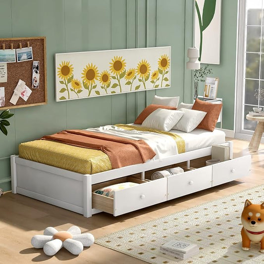 Merax Wood Captain's Platform Storage Bed with 3 Drawers,Classic Bed Frame No Box Spring Needed Twin, White