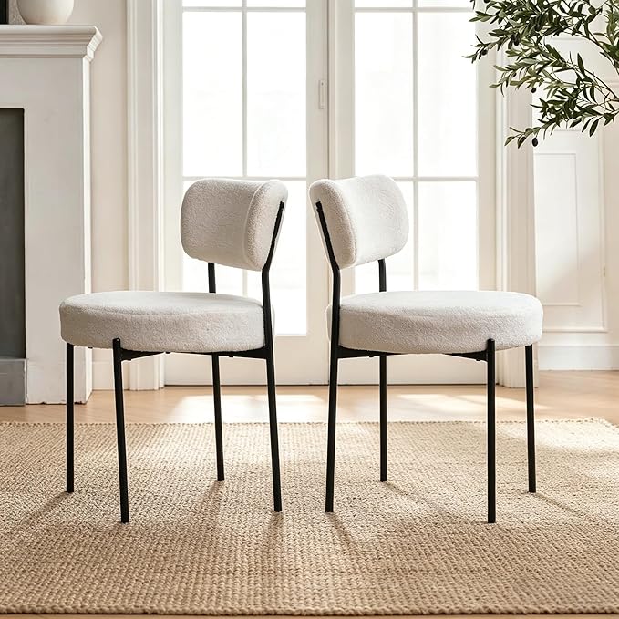 Boucle Dining Chairs Set of 2, White Mid Century Modern Kitchen Dining Room Chairs with Curved Backrest and Metal Frame, Round Upholstered Dining Chairs for Kitchen, Living Room