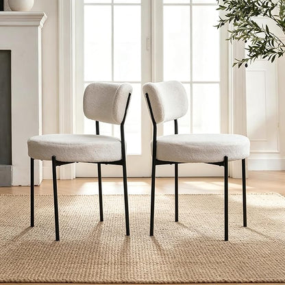 Boucle Dining Chairs Set of 2, White Mid Century Modern Kitchen Dining Room Chairs with Curved Backrest and Metal Frame, Round Upholstered Dining Chairs for Kitchen, Living Room