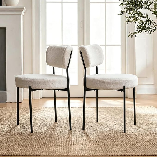 Boucle Dining Chairs Set of 2, White Mid Century Modern Kitchen Dining Room Chairs with Curved Backrest and Metal Frame, Round Upholstered Dining Chairs for Kitchen, Living Room