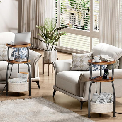 Side Table with Charging Station, Small Round End Table with Basket, USB and Type C Port, 3 Tiers Sofa Couch Table for Living Room Bedroom, Small Spaces, 11.81in Rustic Brown