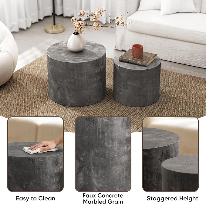 Nesting Round Coffee Table Set of 2, Accent End Table for Small Spaces, Morden Drum Side Table, Wooden Circle Center Table for Living Room, Fully Assembled - Gray