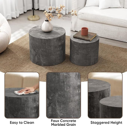 Nesting Round Coffee Table Set of 2, Accent End Table for Small Spaces, Morden Drum Side Table, Wooden Circle Center Table for Living Room, Fully Assembled - Gray