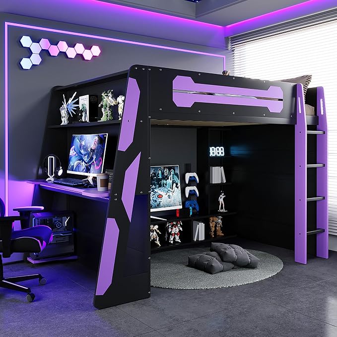 Merax Full Size Loft Bed with Desk, Multi-Storage Shelves and RGB Light | Space-Saving Wooden Gaming Bed Frame with Charging Station and Guardrail