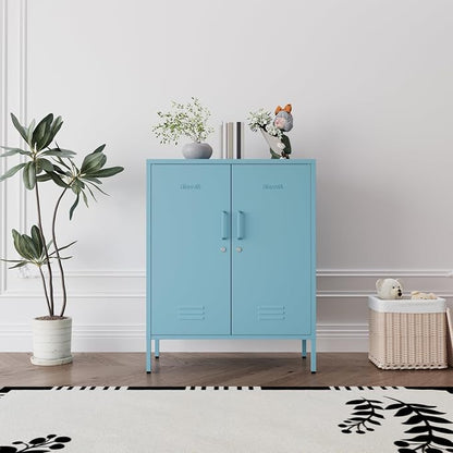 Blue 3 Tier Metal Storage Cabinet with Legs, Lockable 2 Door Metal Locker, Heavy Duty Multipurpose Accent Storage Cabinet with 2 Adjustable Shelves for Home, Office, Entryway and Hallway