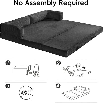 60" Boneless Couch, 5-in-1 Convertible Sofa Bed Tri Folding Mattress with Removable L-Shaped Armrests, Corduroy Futon Couch Sleeper with Pull Out Bed for Living Room Bedroom Apartment, Black
