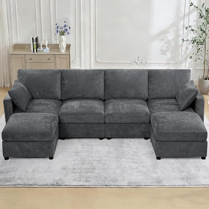 110” Chenille 4-Seats Sofa W/Two Movable Ottomans, Grey | Modern Fabric U-Shaped Couch w/Soft Backrests, Upholstered Sectional Sofa w/Arm Pillows for Living Room, Office