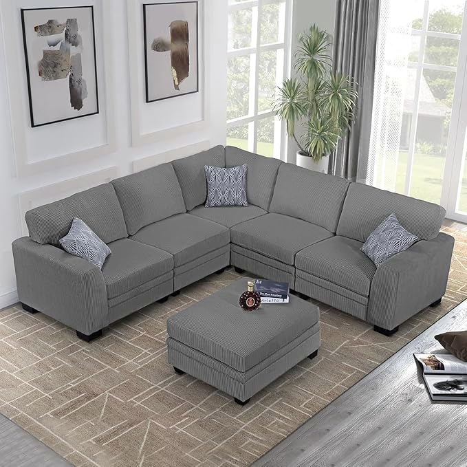 Legend Vansen U-Shaped Modular Sectional Sofa,Corduroy Couch with Ottoman,Deep Seat & Removable Cushion,6-Seat Oversized Sofa,Easy Assembly for Living Room Apartment