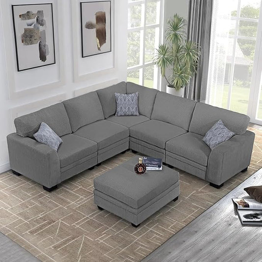 Legend Vansen U-Shaped Modular Sectional Sofa,Corduroy Couch with Ottoman,Deep Seat & Removable Cushion,6-Seat Oversized Sofa,Easy Assembly for Living Room Apartment