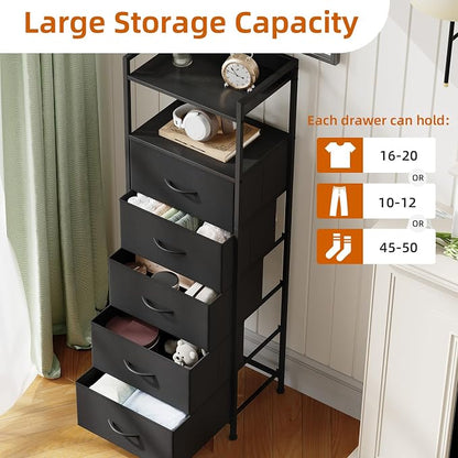 Somdot Tall Dresser for Bedroom, 5 Drawers Nightstand Vertical Storage Tower Unit, Night Stand Furniture with Fabric Drawer Organizer in Bedside Hallway, Entryway, Kids Room, Closet, Black