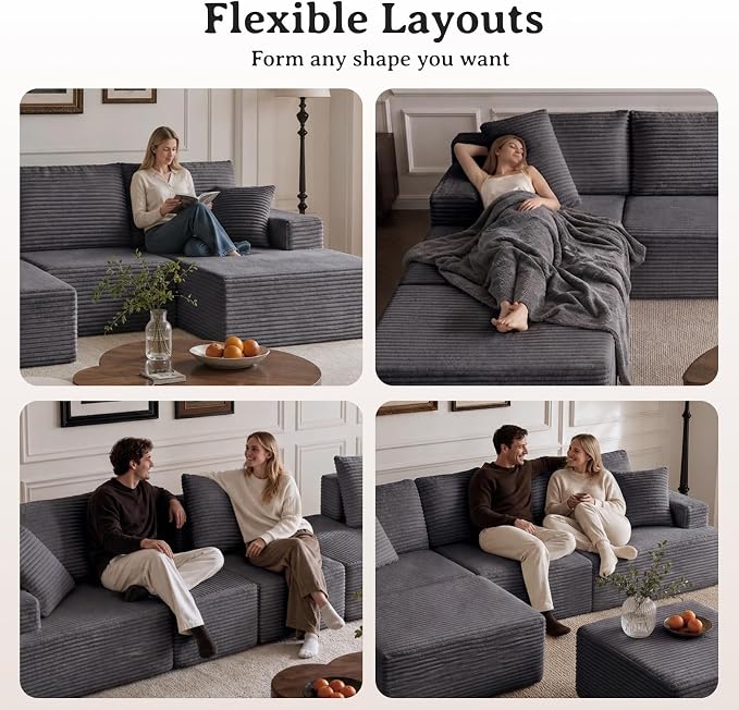 103" Modular Sectional Sofa, Comfort U Shaped Boneless Couch for Living Room, Extra Deep Seats No Assembly, Corduroy (Grey, 3 Seater + 2 Ottomans