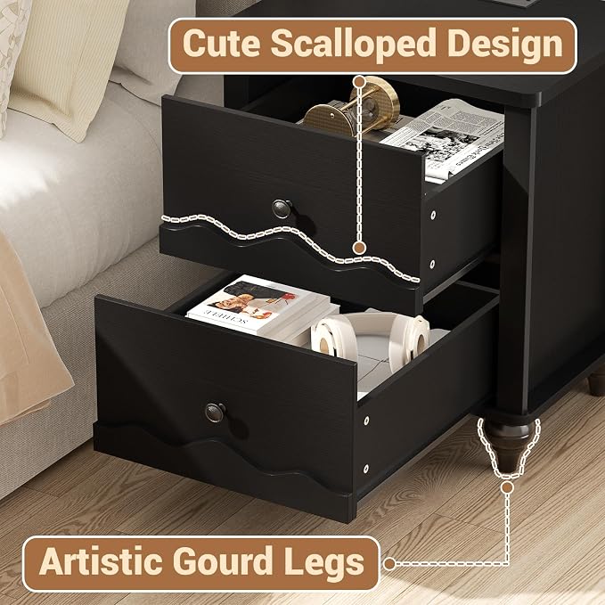 Cyclysio Black Nightstand with Charging Station, Scalloped Bedside Table with 2 Smooth Drawers, Modern End Table with Solid Wood Legs for Bedroom and Small Spaces