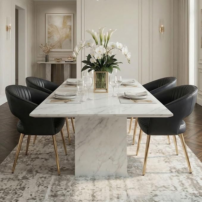 Hyfirm Dining Chairs Set of 6, Black Side Chairs with Hollow Back, PU Leather Upholstered Accent Chairs with Gold Metal Legs, Modern Kitchen Chairs for Living Room Restaurant