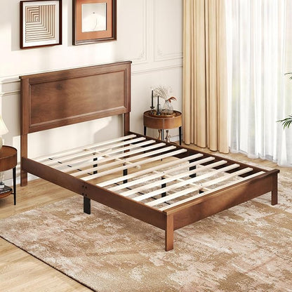 GOFLAME Full Size Wood Bed Frame, Mid-Century Modern Platform Bed with Headboard, Solid Wood Legs, Mattress Foundation with 12 Wooden Slats, No Box Spring Needed, Walnut
