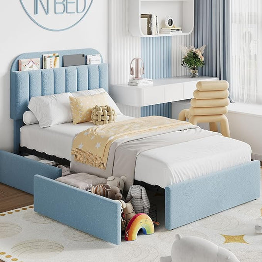 Garvee Twin Size Bed Frame with 2 Flexible Drawers, Boucle Upholstered Platform Bed Frame with Bookcase Headboard, Bedframe for Kids/Boys, Easy Assembly, No Box Spring Needed, Noise Free, Blue