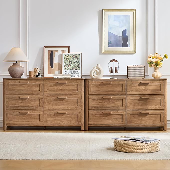 Joaxswe Farmhouse 6 Drawer Dresser for Bedroom, Horizontal Dressers with 6 Deep Drawers & 4 Thickened Table Legs, Brown