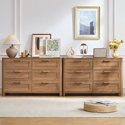 Joaxswe Farmhouse 6 Drawer Dresser for Bedroom, Horizontal Dressers with 6 Deep Drawers & 4 Thickened Table Legs, Brown