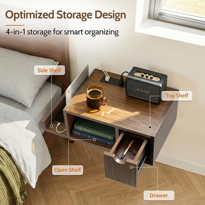 Afuly Floating Nightstand with Charging Station Wall Mounted Night Stand with Drawer Walnut Bed Side Table Wood Bedside Table Shelf Narrow Hanging Modern End Table Nightstands for Bedroom Decor