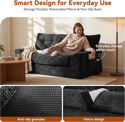 MONVANE 55.5" Convertible Loveseat Sofa, Comfy Chenille Cloud Couch with Storage Pocket, Modern Deep Seat Boneless Couch, 2 Seater Sofa for Living Room, No Assembly Required, Black