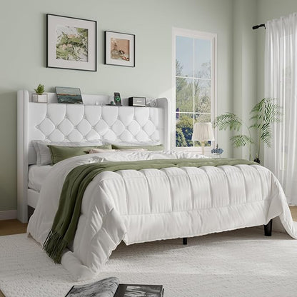 SHA CERLIN Full Size Platform Bed Frame with Charging Station, Velvet Wingback Headboard with Storage Shelf, Wooden Slats Support, Ample Under-Bed Space, No Box Spring Needed, Easy Assembly, White