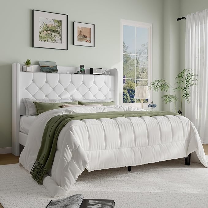 SHA CERLIN Queen Size Platform Bed Frame with Charging Station, Velvet Wingback Headboard with Storage Shelf, Wooden Slats Support, Ample Under-Bed Space, No Box Spring Needed, Easy Assembly, White