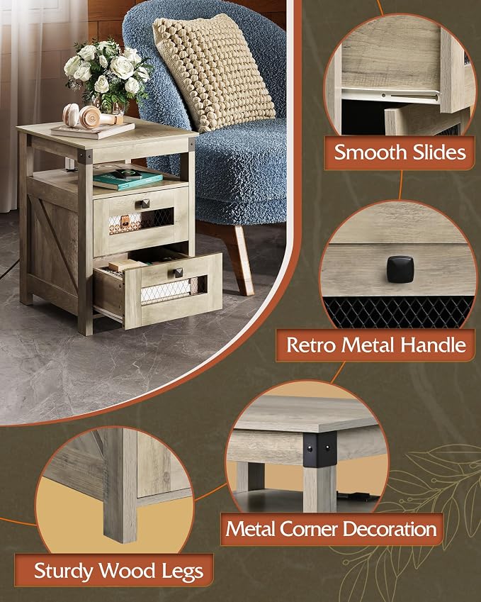 WLIVE Nightstand with Charging Station, Farmhouse End Table, Bed Side Table with 2 Storage Drawers and Open Shelf, Wood Rustic Nightstands for Bedroom, Greige